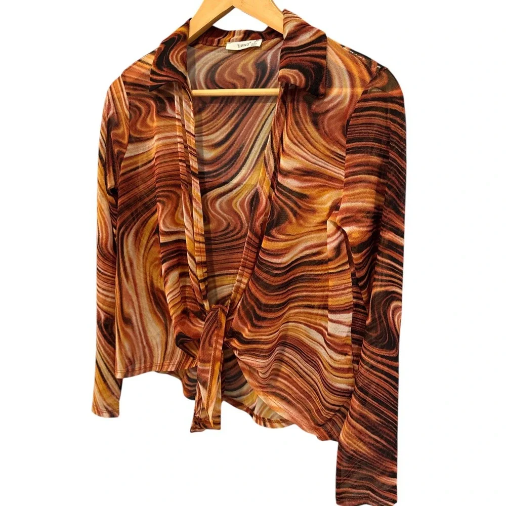 Timing Mesh‎ Tie Front Marble Print Top Sz S Groovy Retro Festival Boho